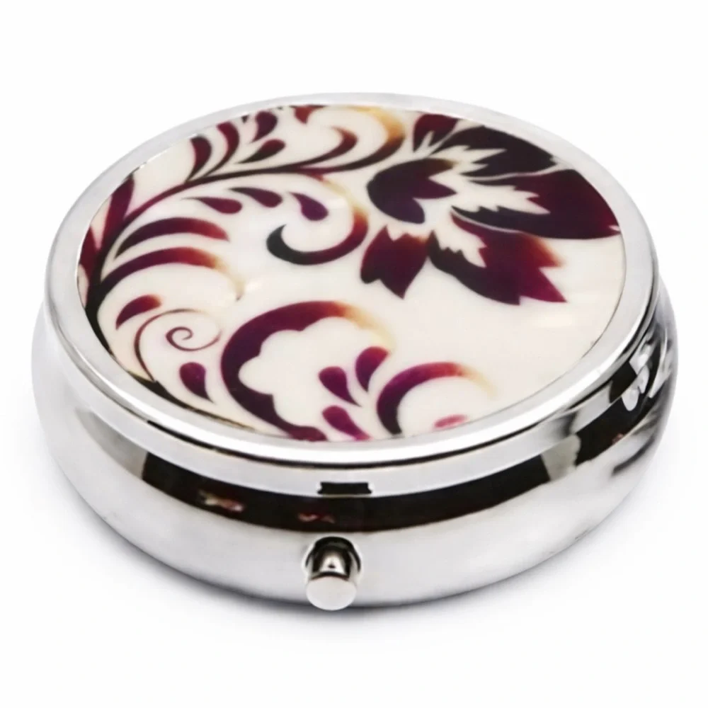 Burgundy Floral Round Pill Box Organizer 3 Compartment Travel Case